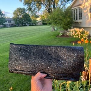 Eileen Fisher Sparking Silver Crackle-Coated Leather Fold-Over Clutch Purse NWOT